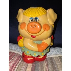 Vintage 1980s Enesco Ceramic Piggy Bank Green Dress With Stopper Hand Painted